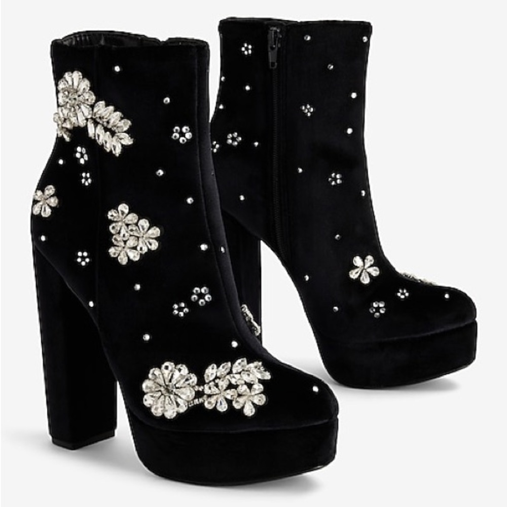 NEW - Express Rhinestone Embellished Platform Heeled Ankle Boots - Size 6